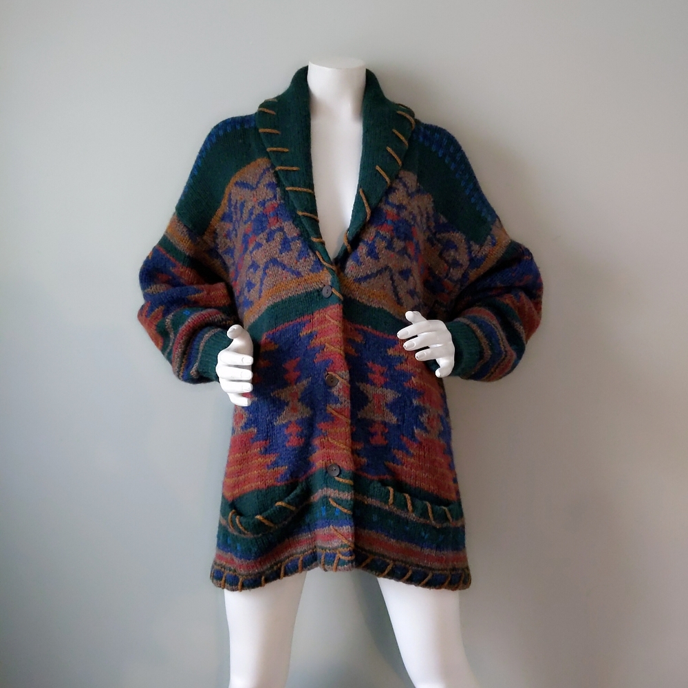Vtg 90s 🎉HP🎉 Woolrich Archival Blanket Pattern Handknit Long Sweater Jacket M